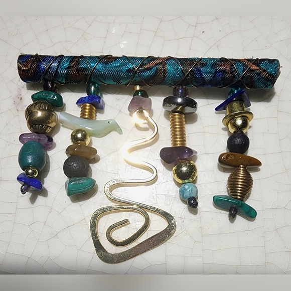 2 1/2 inch Egyptian revival bar dangle brooch, geometric charms, colorful - Picture 2 of 5